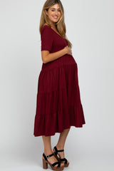 Burgundy Basic Tiered Maternity Midi Dress