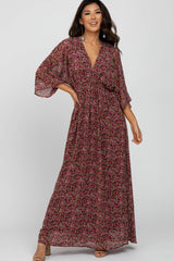 Burgundy Floral V-Neck Maxi Dress