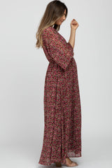 Burgundy Floral V-Neck Maternity Maxi Dress