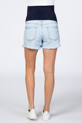 Light Blue Distressed Petite Maternity Denim Shorts