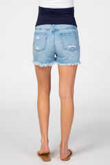 Light Blue Distressed Petite Maternity Denim Shorts