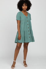 Light Olive Linen Tiered Button Front  Dress