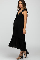 Black Ruffle Accent Maternity Midi Dress