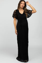 Black Lace Front Tie Maternity Maxi Dress