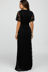 Black Lace Front Tie Maternity Maxi Dress