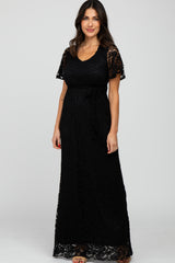 Black Lace Front Tie Maternity Maxi Dress