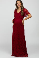 Burgundy Lace Front Tie Maternity Maxi Dress