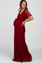 Burgundy Lace Front Tie Maternity Maxi Dress