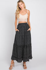 Black Floral Chiffon Ruffle Tiered Maxi Skirt