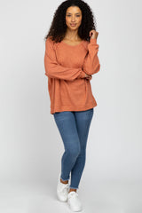 Rust Waffle Knit Long Sleeve Top