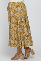 Yellow Leaf Print Tiered Maternity Midi Skirt