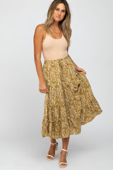 Yellow Leaf Print Tiered Maternity Midi Skirt