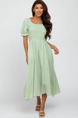 Mint Smocked Puff Sleeve Maternity Midi Dress