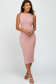 Mauve Twist Back Accent Ribbed Midi Dress