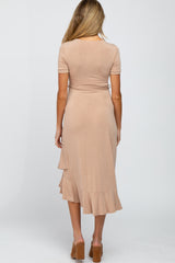 Taupe Heathered Ruffle Hi-Low Maternity Midi Dress