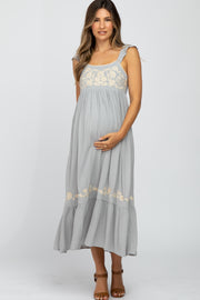 Grey Floral Embroidered Maternity Midi Dress