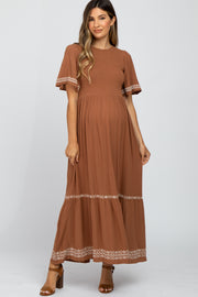 Rust Embroidered Accent Maternity Maxi Dress