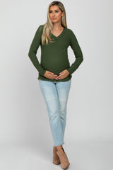 Olive Waffle Knit Long Button Sleeve Maternity Top