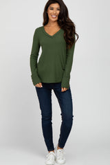 Olive Waffle Knit Long Button Sleeve Top