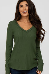 Olive Waffle Knit Long Button Sleeve Top