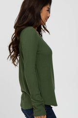 Olive Waffle Knit Long Button Sleeve Top