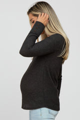 Charcoal Waffle Knit Long Button Sleeve Maternity Top