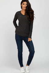 Charcoal Waffle Knit Long Button Sleeve Maternity Top