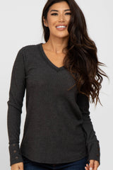 Charcoal Waffle Knit Long Button Sleeve Top