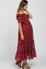 Burgundy Printed Off Shoulder Maternity Maxi Dress