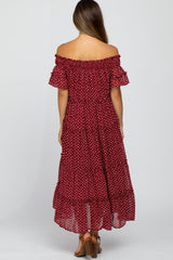 Burgundy Printed Off Shoulder Maternity Maxi Dress