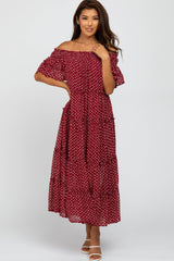 Burgundy Printed Off Shoulder Maternity Maxi Dress