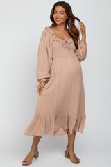 Taupe Smocked Ruffle Accent Maternity Midi Dress