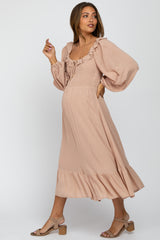 Taupe Smocked Ruffle Accent Maternity Midi Dress