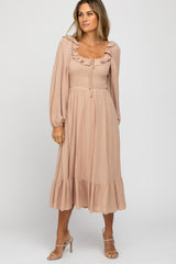 Taupe Smocked Ruffle Accent Maternity Midi Dress