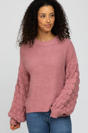 Mauve Textured Bubble Sleeve Sweater