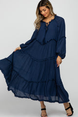 Navy Ruffle Accent Tiered Midi Dress