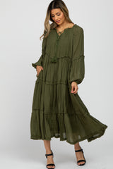 Olive Ruffle Accent Tiered Maternity Midi Dress