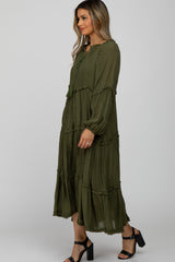 Olive Ruffle Accent Tiered Midi Dress