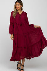 Burgundy Ruffle Accent Tiered Midi Dress