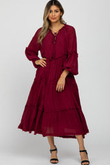 Burgundy Ruffle Accent Tiered Midi Dress