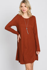 Rust Ribbed Long Sleeve Dress