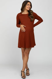 Rust Ribbed Long Sleeve Maternity Dress