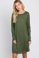 Olive Ribbed Long Sleeve Dress