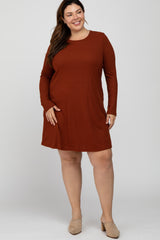 Rust Ribbed Long Sleeve Plus Maternity Dress