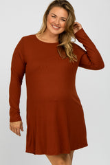 Rust Ribbed Long Sleeve Plus Maternity Dress