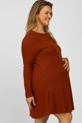 Rust Ribbed Long Sleeve Plus Maternity Dress