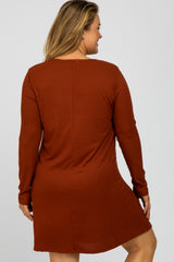 Rust Ribbed Long Sleeve Plus Maternity Dress