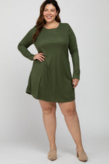 Olive Ribbed Long Sleeve Plus Dress