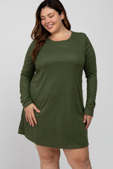 Olive Ribbed Long Sleeve Plus Dress