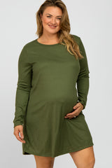 Olive Ribbed Long Sleeve Plus Maternity Dress